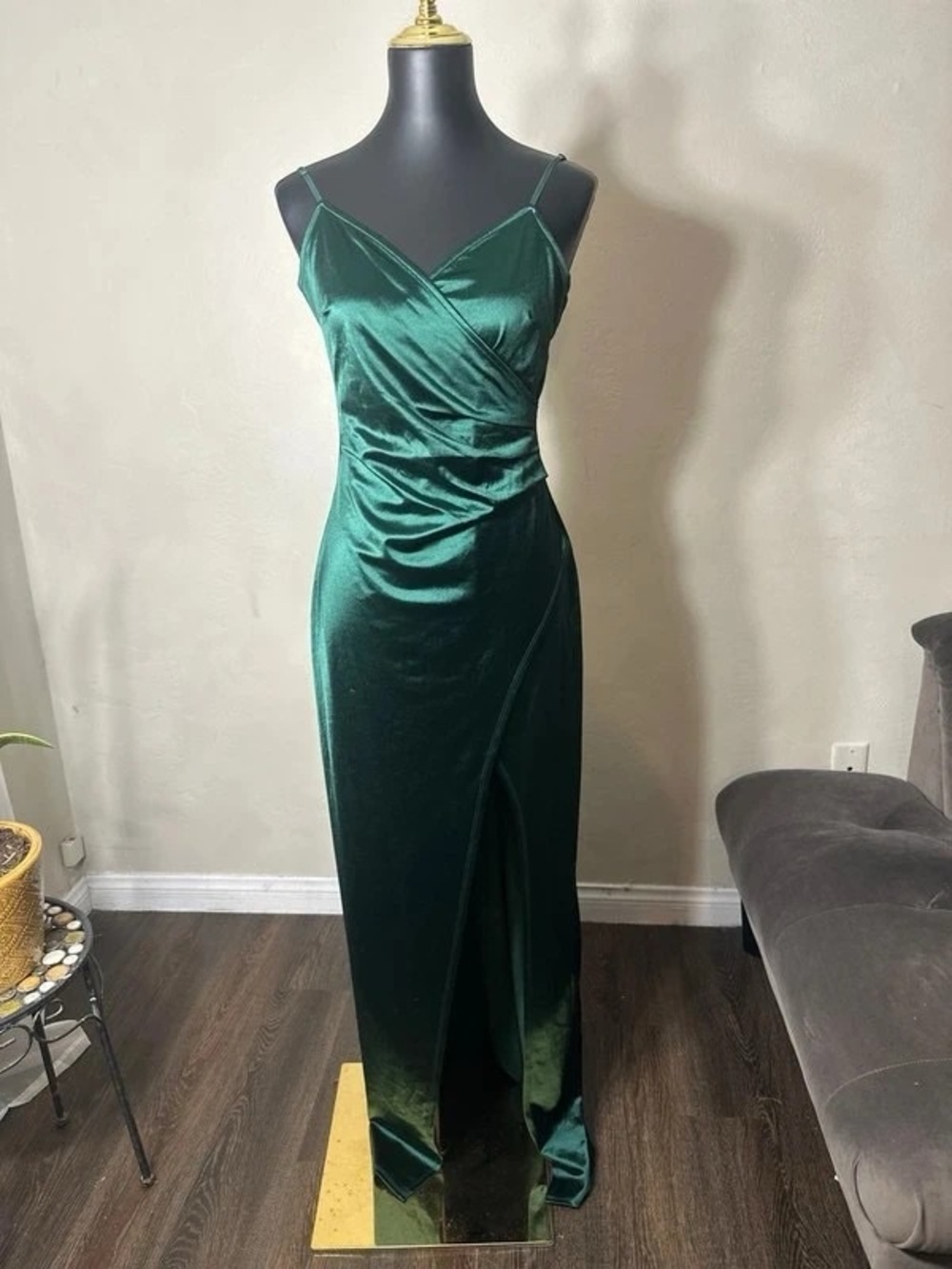 Emerald Green Satin Maxi Slip Dress with Draped Wrap Front